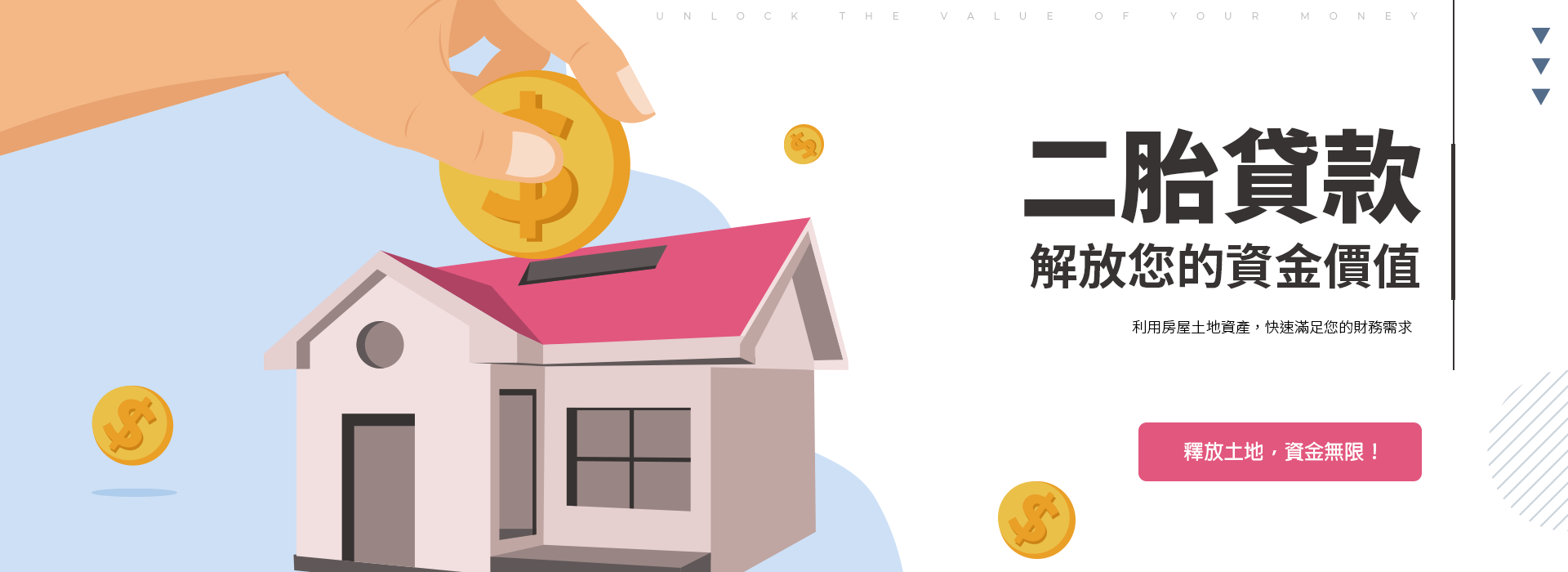 房地二胎貸款（包含房屋二胎與土地二胎）是可行的融資方式，即使是持分土地，也能透過合法管道，快速且靈活地取得資金。示意圖